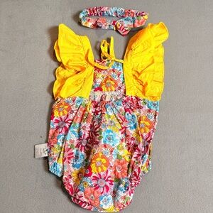 Baby Girl Floral Romper‎ Set Yellow Ruffle Sleeve Summer Outfit with Headband